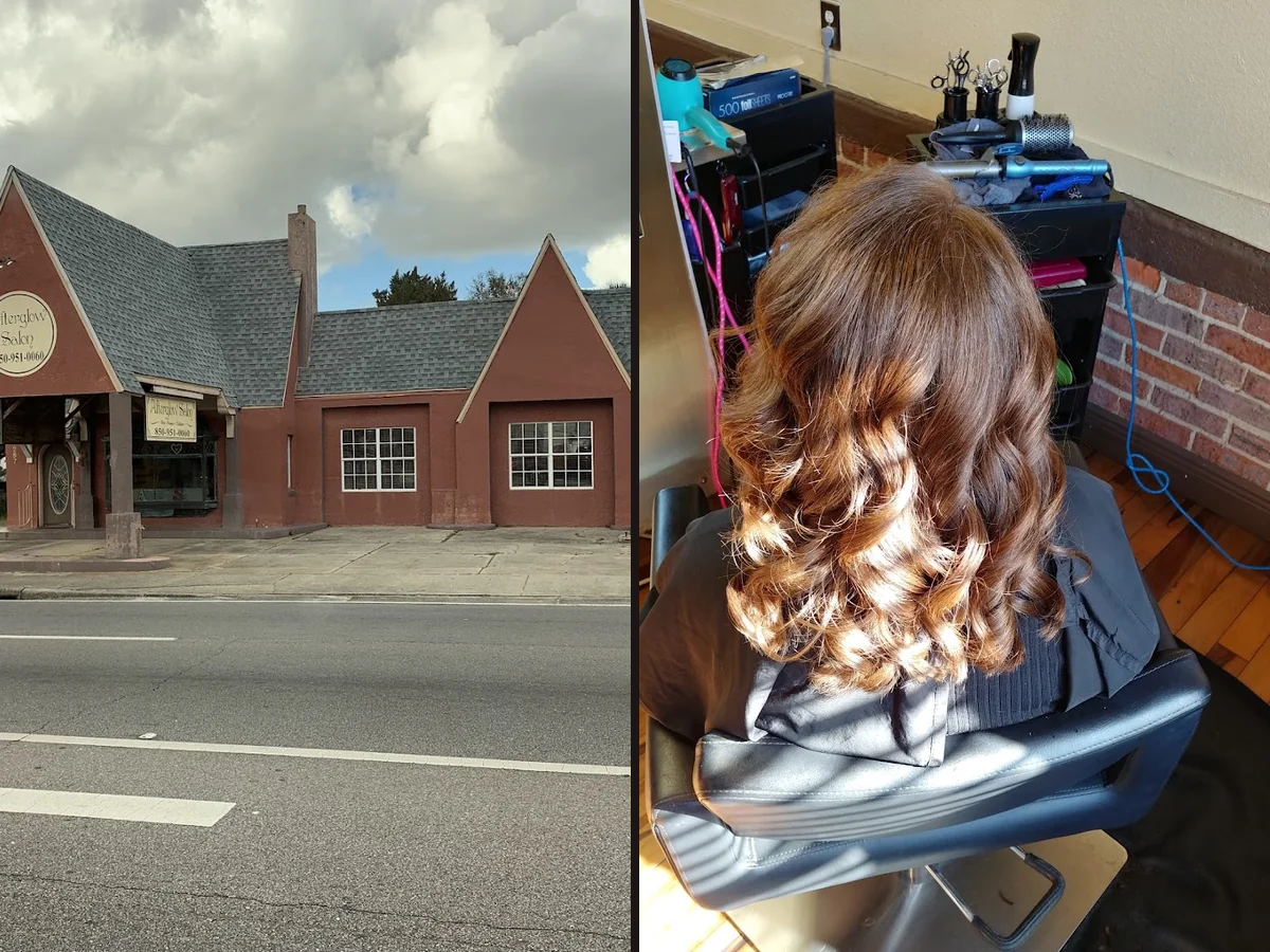 Styling stations with mirrors and salon chairs.